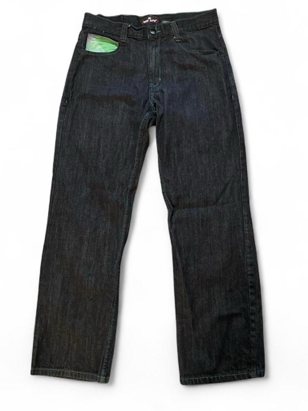 Vintage Red Ape Y2K Baggy Jeans Black Denim Green Contrast Stitching Size 34